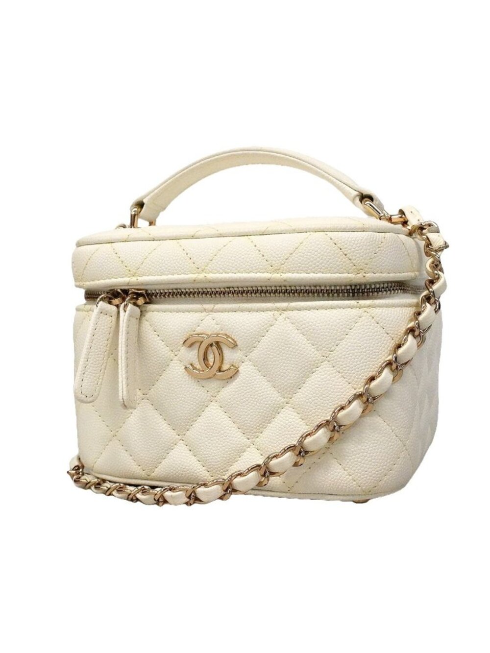 Chanel Vanity Bag Quilted Caviar Leather White Champagne Gold 2-Way Bag